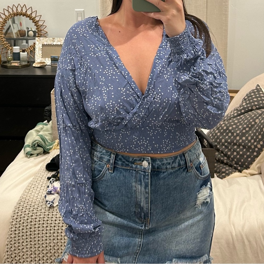 Smocked Waist Wrap-Front Long Sleeve Top - Blue
